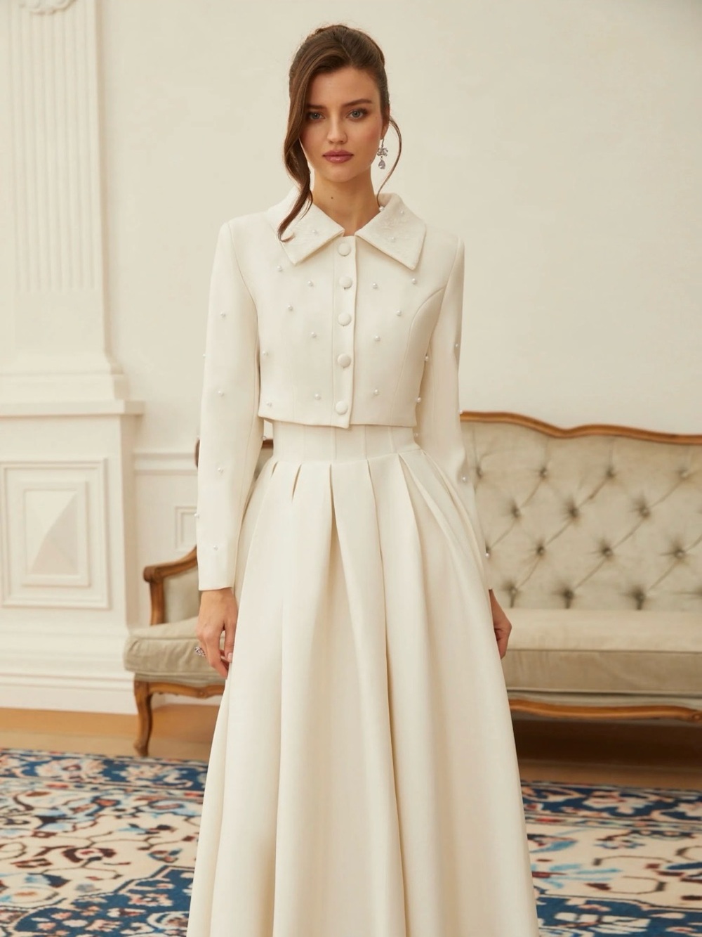 Ivory Pearl-Embellished Maxi Skirt with Matching Cropped Jacket
